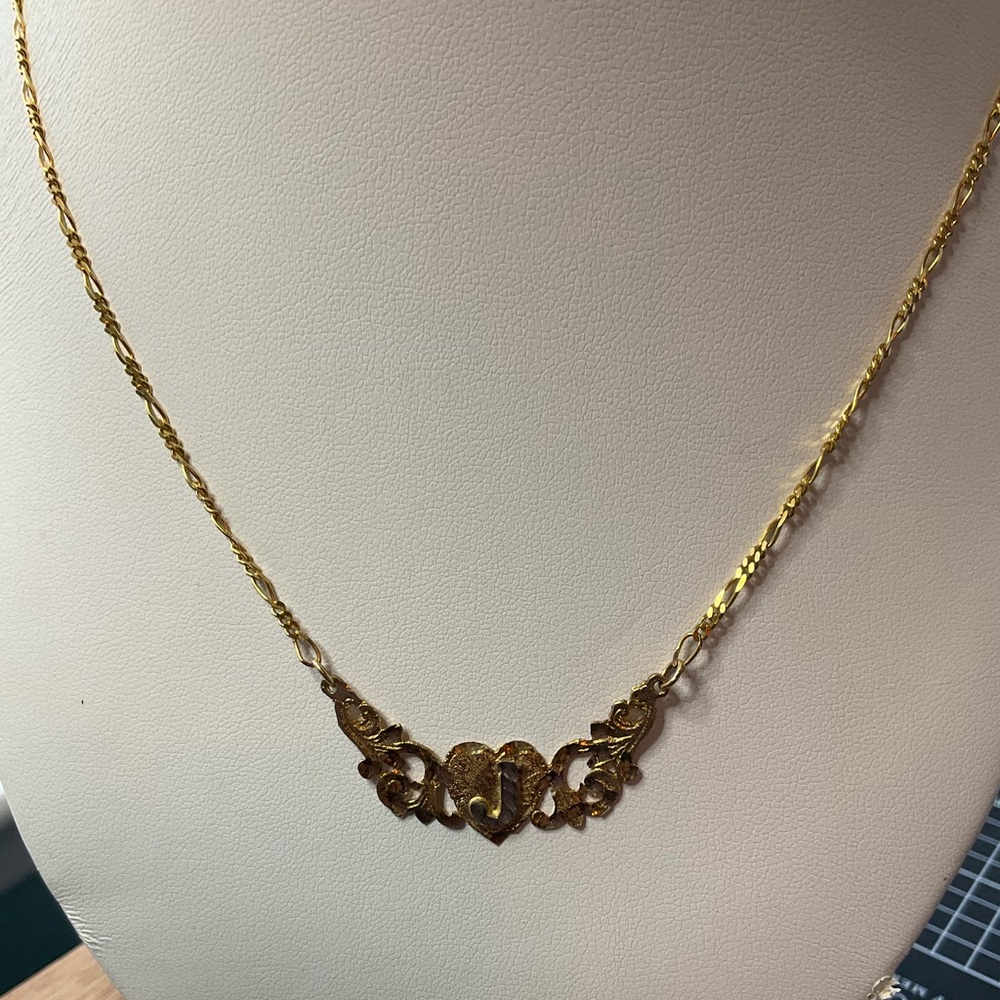 14 K yellow gold floating filigree stamp “J“ initial necklace